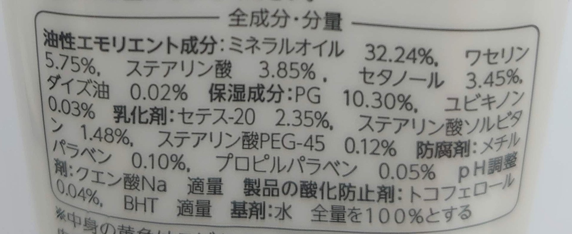 全成分・分量の表示