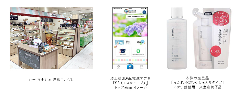 シーマルシェ浦和コルソ店イメージと埼玉版SDGs推進アプリ「エスキューブ」トップ画面、本件の進呈品であるちふれ化粧水しっとりタイプ本体・詰替用の画像（生産終了品）