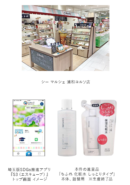 シーマルシェ浦和コルソ店イメージと埼玉版SDGs推進アプリ「エスキューブ」トップ画面、本件の進呈品であるちふれ化粧水しっとりタイプ本体・詰替用の画像(生産終了品)