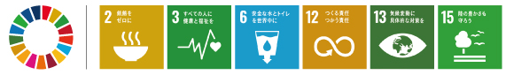 「2.飢餓をゼロに」「3.すべての人に健康と福祉を」「6.安全な水とトイレを世界中に」「12.つくる責任  つかう責任」「13.気候変動に具体的な対策を」「15.陸の豊かさも守ろう」